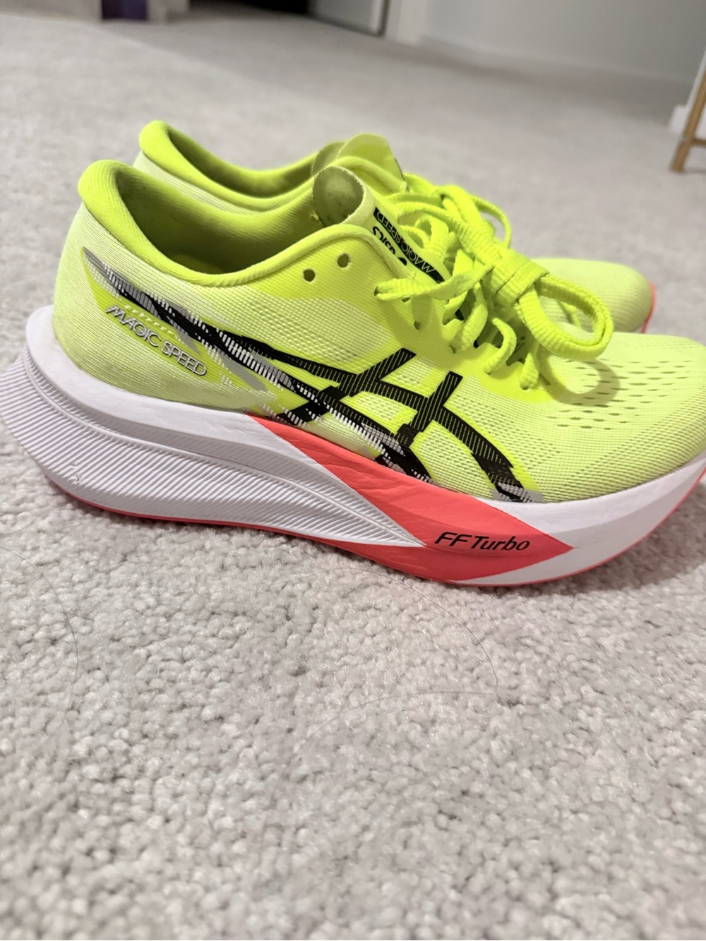 Asics Women's Neon Yellow Magic Speed FF Turbo Running Shoes with Coral Accents